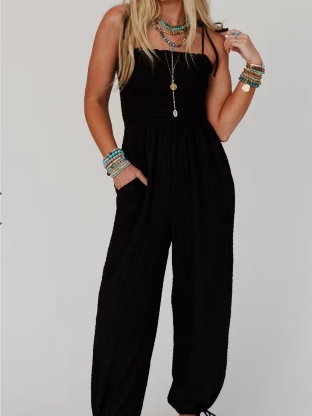 Three Bird Nest Black Smocked Strap Wide-Leg Romper Jumpsuit